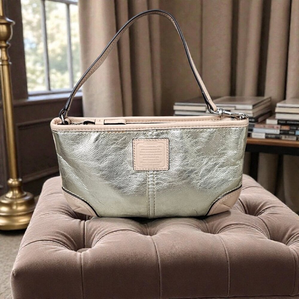 Coach Metallic Silver Crinkle Leather Tan Y2K Large Wristlet Pouch Mini Bag COA